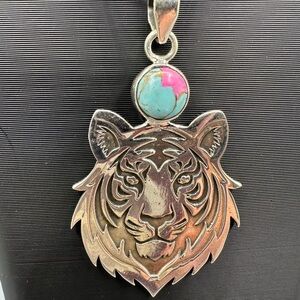 🐯 Sterling Silver 925 Cotton Candy Turquoise Tiger 🐅 Necklace Pendant Handmade
